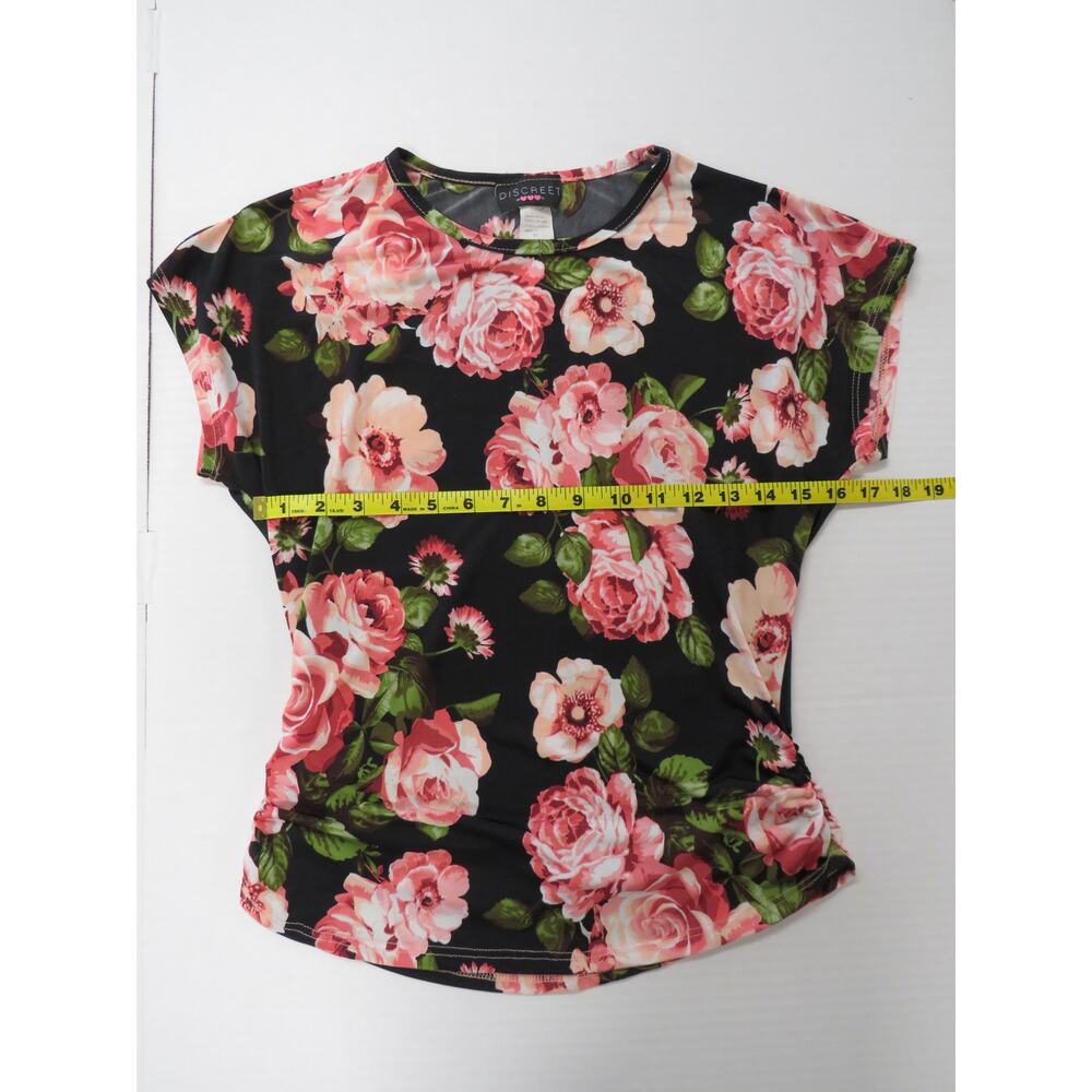Vintage Discreet Women's M Sheer Top Black Pink Roses USA Floral Whimsical - Picture 7 of 8